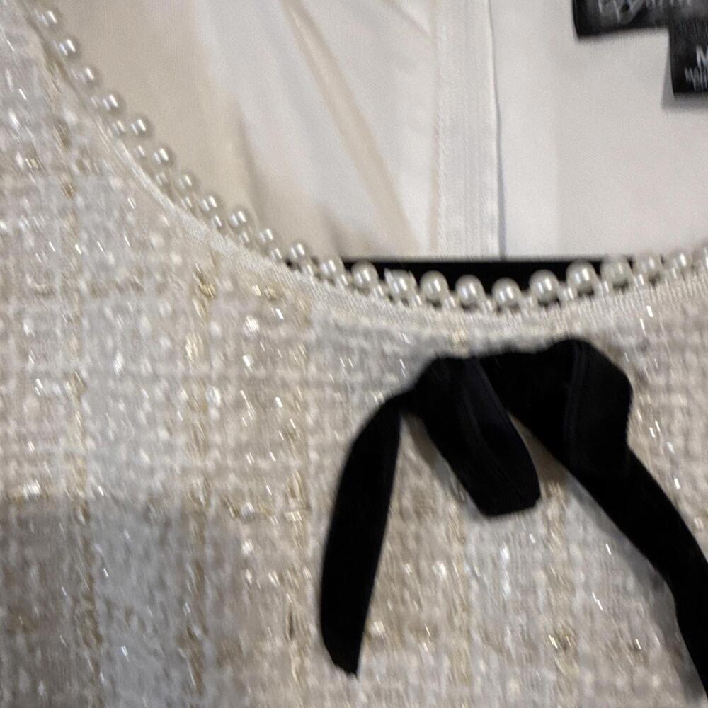 Crystal Doll Cream Boucle Sheath Dress with Gold Inlay and Pearl Collar - MED - Picture 3 of 11